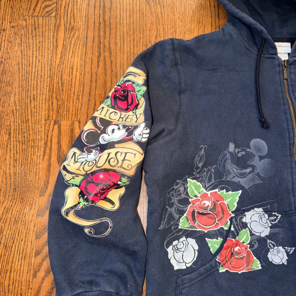 Disney Mickey Mouse Tattoo Rose Zip Hoodie XL Kids Fits Adult Small Black - Picture 2 of 12